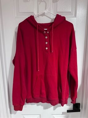Women’s Red Hooded Snap-Front Pullover Sweater